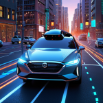 **A highly detailed, futuristic autonomous vehicle driving through a modern cityscape at dusk. The car is surrounded by an intricate, glowing network of sensor data: laser beams from lidar scanning the environment, radar waves pulsating, and visual overlays showing detected objects like pedestrians, street signs, and other vehicles. Abstract, luminous neural network patterns flow into the car's core, symbolizing its powerful AI 'brain' processing terabytes of information. The scene should evoke advanced perception and seamless data fusion.**