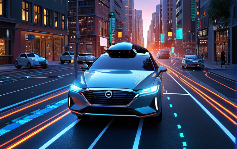 **A highly detailed, futuristic autonomous vehicle driving through a modern cityscape at dusk. The car is surrounded by an intricate, glowing network of sensor data: laser beams from lidar scanning the environment, radar waves pulsating, and visual overlays showing detected objects like pedestrians, street signs, and other vehicles. Abstract, luminous neural network patterns flow into the car's core, symbolizing its powerful AI 'brain' processing terabytes of information. The scene should evoke advanced perception and seamless data fusion.**