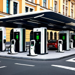 **

Prompt: Electric vehicle charging station on a Moscow city street, modern architecture, several cars charging, showcasing convenience and accessibility. Focus on advanced charging technology.

**