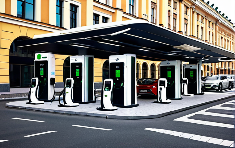 **
Prompt: Electric vehicle charging station on a Moscow city street, modern architecture, several cars charging, showcasing convenience and accessibility. Focus on advanced charging technology.
**