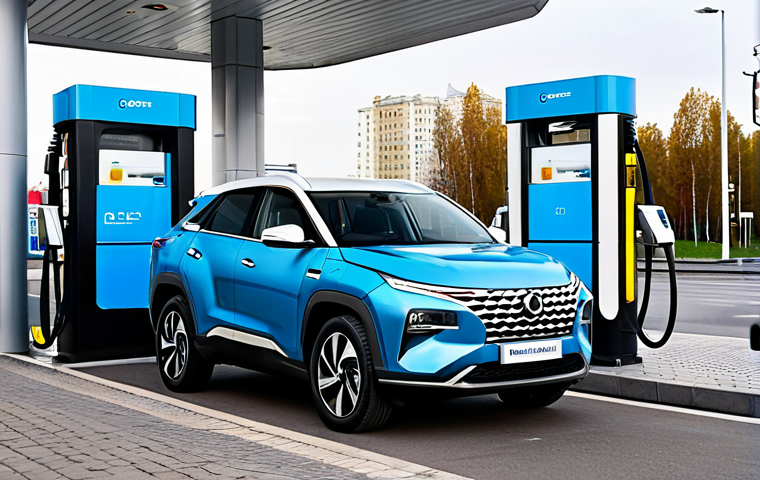 A sleek, modern hydrogen fuel cell vehicle, like a futuristic SUV, undergoing a rapid refueling at a state-of-the-art hydrogen station. The station is integrated into a clean, contemporary urban environment, with subtle architectural hints of a modern Russian city skyline in the background. The atmosphere is bright and optimistic, emphasizing clean energy. A professional, fully clothed male attendant in a uniform is overseeing the process with a confident expression. High-resolution, professional photography, natural light. fully clothed, modest clothing, appropriate attire, professional dress, safe for work, appropriate content, perfect anatomy, correct proportions, natural pose, well-formed hands, proper finger count, natural body proportions, professional.