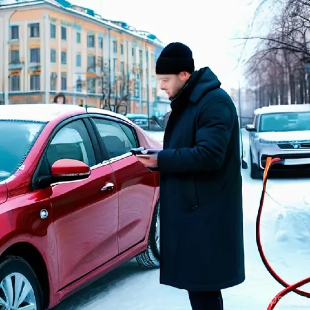 전기자동차와 수소차 비교 - **Prompt:** A sleek, modern electric sedan, such as a "Moskvich 3e" or "Evolute i-PRO," is parked an...