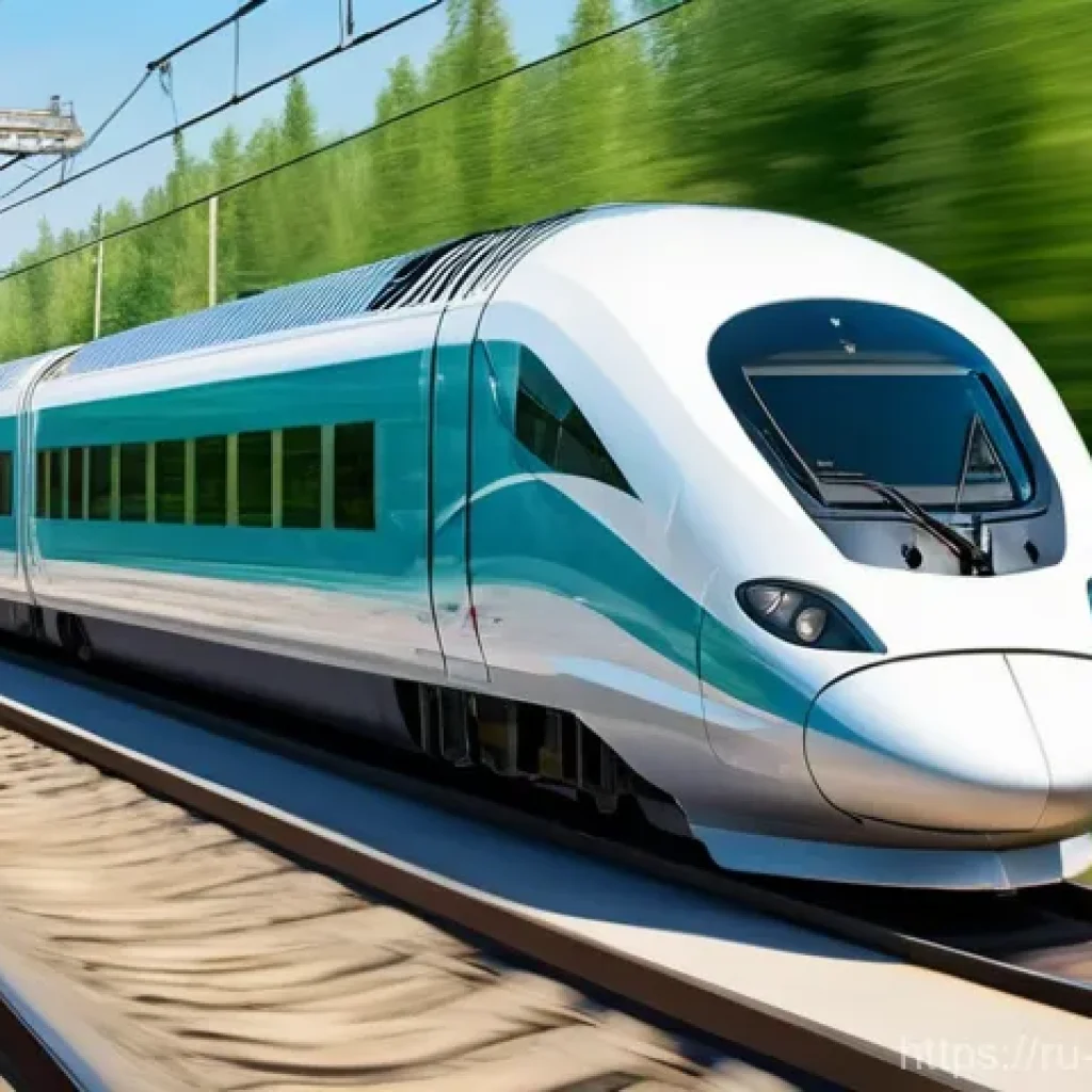 고속철도 환경 - A sleek, futuristic "White Gyrfalcon" (Белый кречет) high-speed train, depicted in a dynamic side vi...