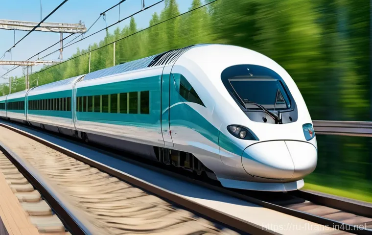 고속철도 환경 - A sleek, futuristic "White Gyrfalcon" (Белый кречет) high-speed train, depicted in a dynamic side vi...
