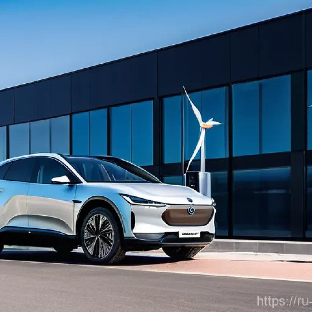 전기차 환경효과 - **Prompt:** A sleek, modern electric car (e.g., a futuristic sedan or compact SUV) is charging at a ...
