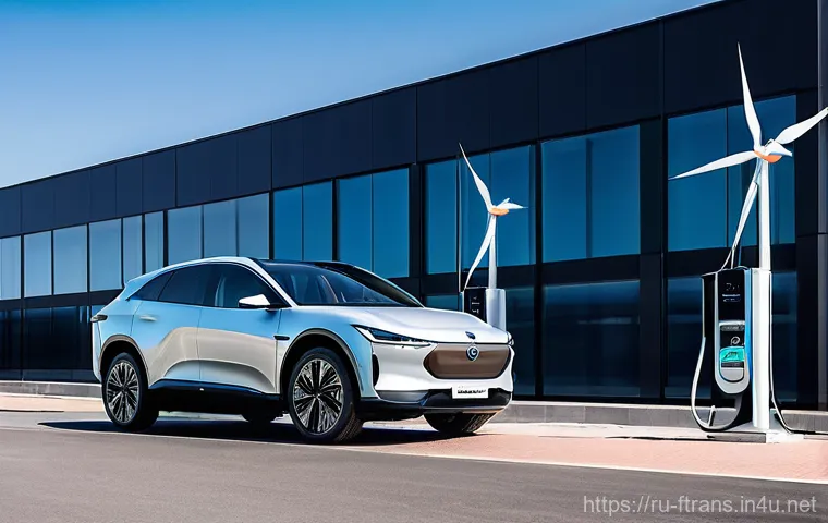 전기차 환경효과 - **Prompt:** A sleek, modern electric car (e.g., a futuristic sedan or compact SUV) is charging at a ...