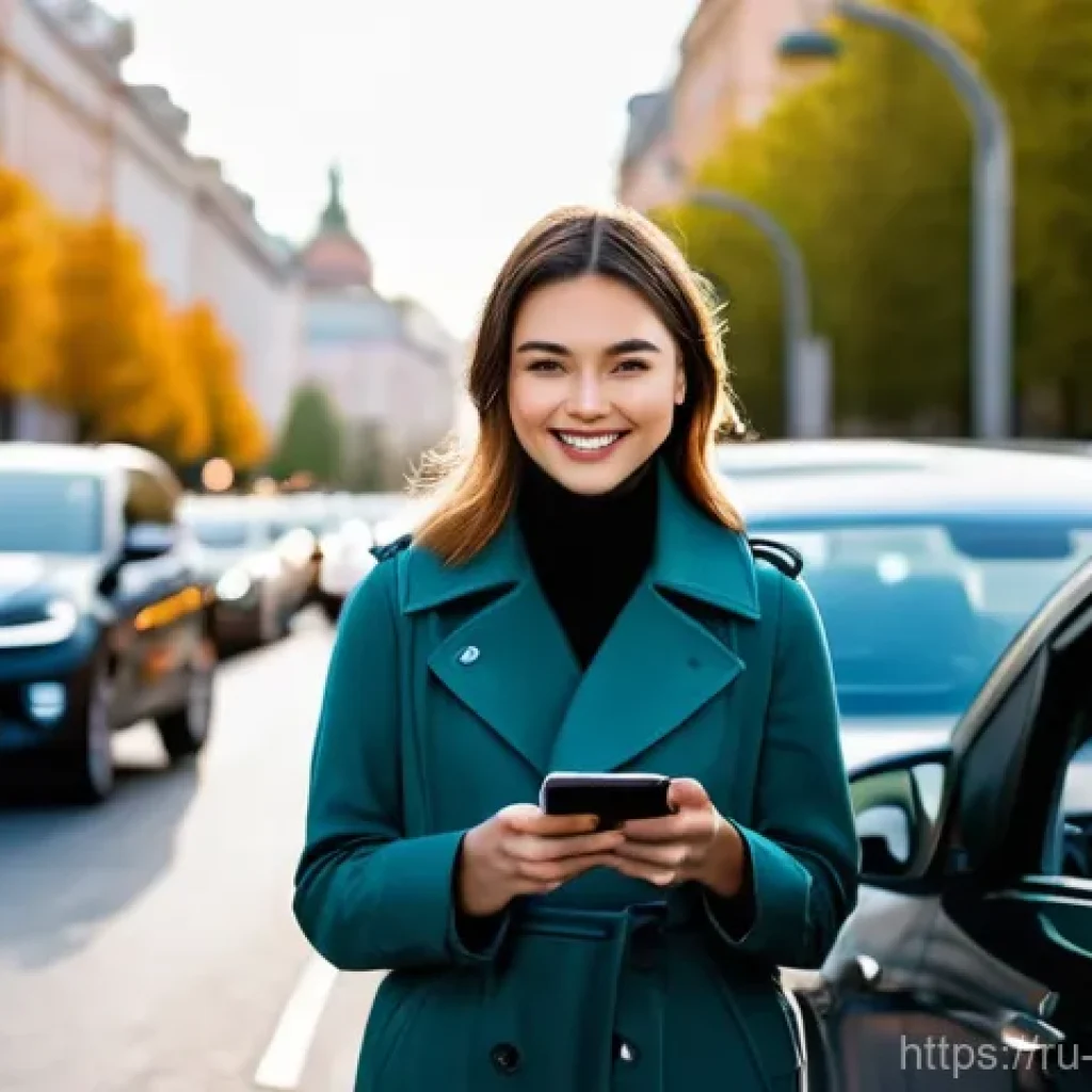 공유 자동차 - **Urban Freedom and Digital Connection**
A stylish young woman, dressed in a tasteful, casual ou...