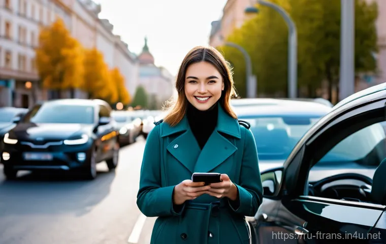 공유 자동차 - **Urban Freedom and Digital Connection**
A stylish young woman, dressed in a tasteful, casual ou...