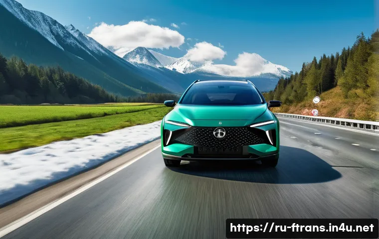 수소차 상용화 - **Prompt:** A sleek, modern hydrogen fuel cell car (FCEV) drives silently along a pristine, wide hig...