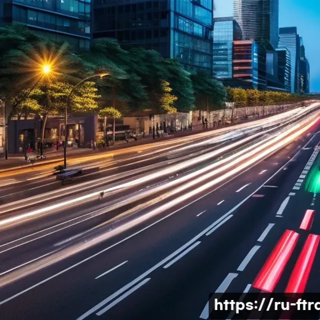 AI 교통 관리 - **Prompt: "A bustling, modern city intersection at dusk, showcasing an advanced AI-powered smart tra...