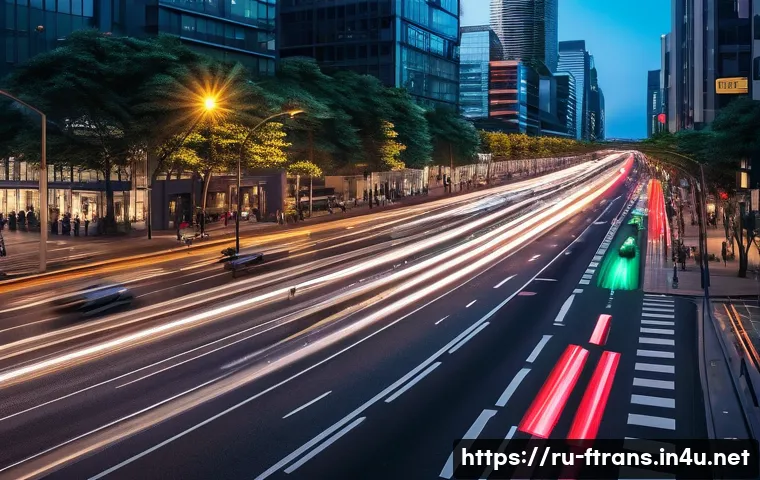 AI 교통 관리 - **Prompt: "A bustling, modern city intersection at dusk, showcasing an advanced AI-powered smart tra...