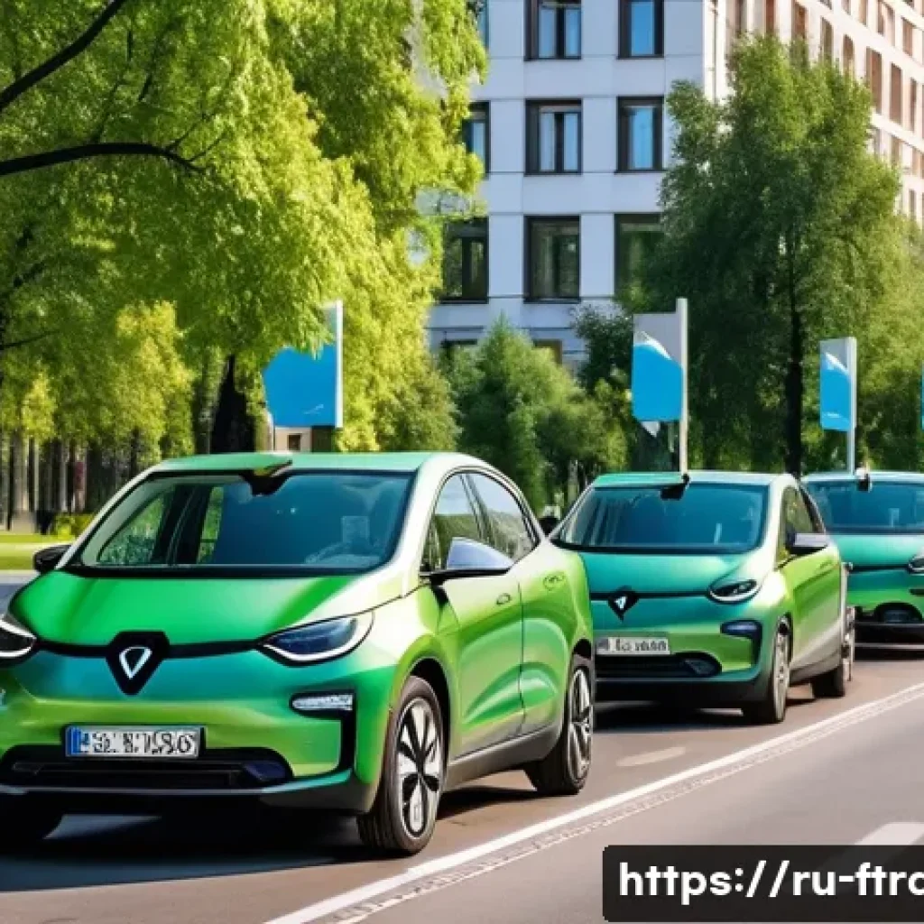 미래 운송 산업 동향 - A modern Russian city street scene in Moscow during daytime, featuring multiple electric cars parked...