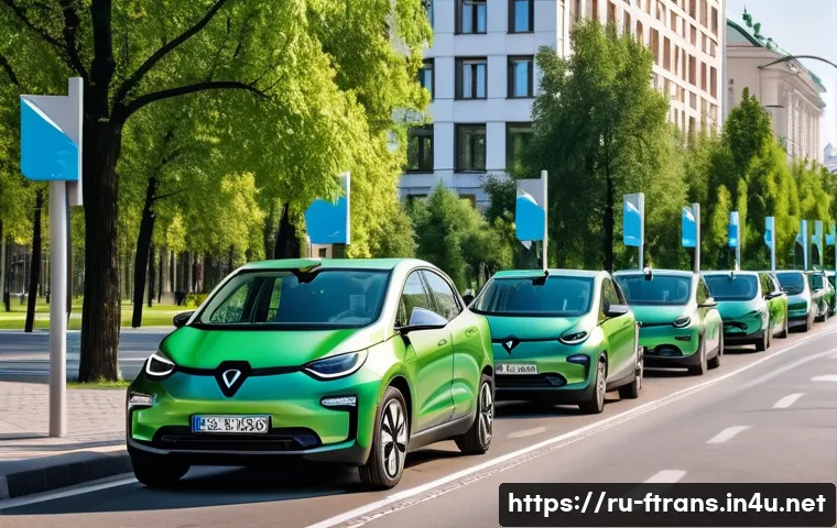 미래 운송 산업 동향 - A modern Russian city street scene in Moscow during daytime, featuring multiple electric cars parked...