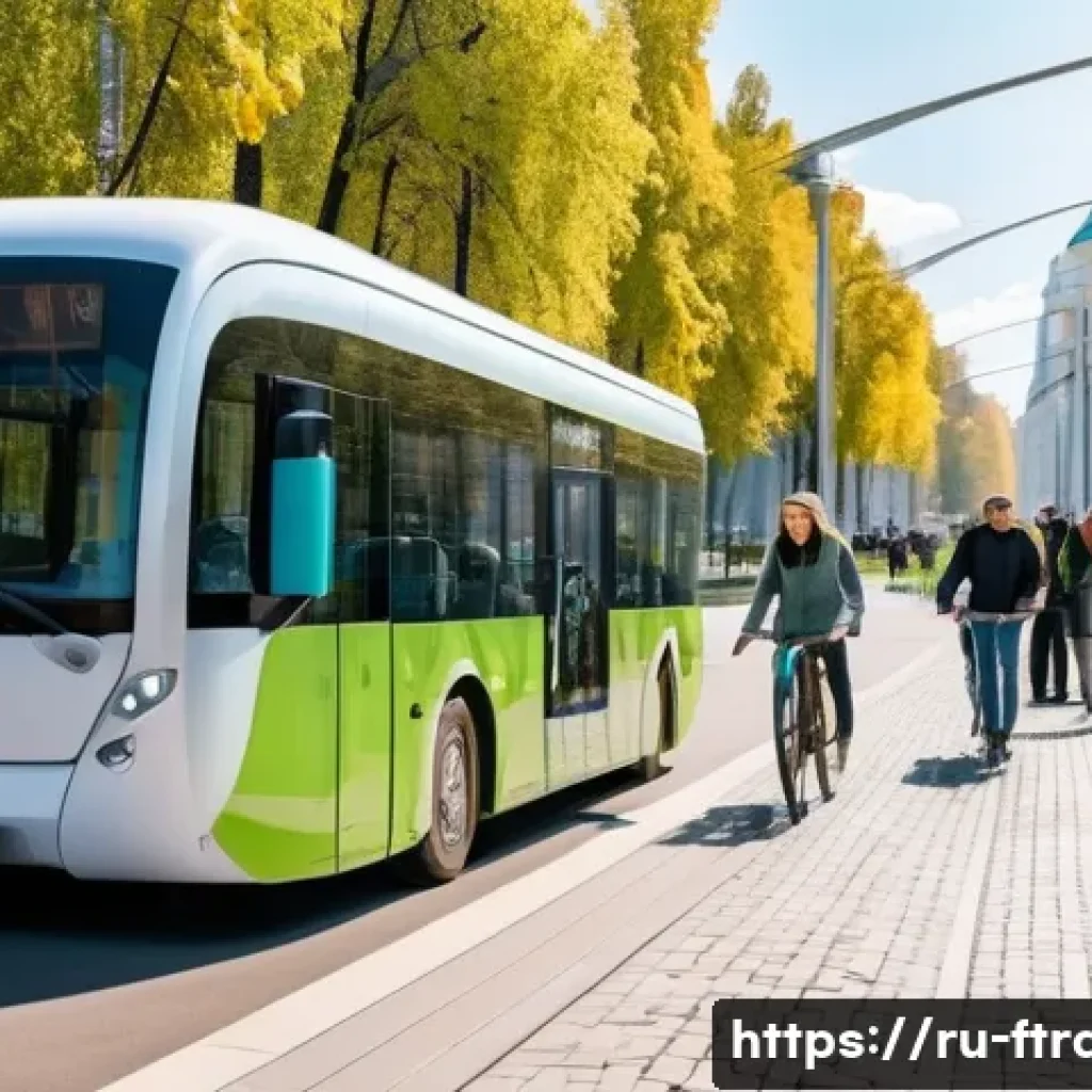 친환경 교통 시스템 - A bustling modern Russian city street featuring diverse eco-friendly transportation modes: electric ...