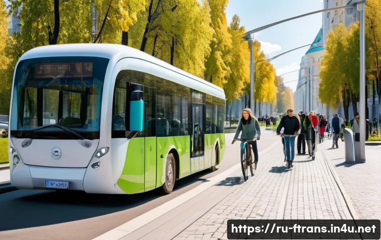 친환경 교통 시스템 - A bustling modern Russian city street featuring diverse eco-friendly transportation modes: electric ...