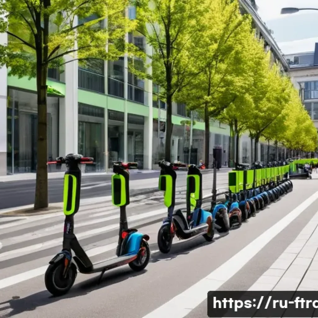 공유 경제와 도심 항공 모빌리티 - A vibrant urban scene in a modern European city showing diverse people using shared electric scooter...