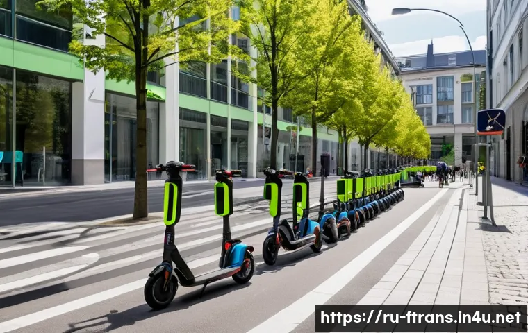 공유 경제와 도심 항공 모빌리티 - A vibrant urban scene in a modern European city showing diverse people using shared electric scooter...