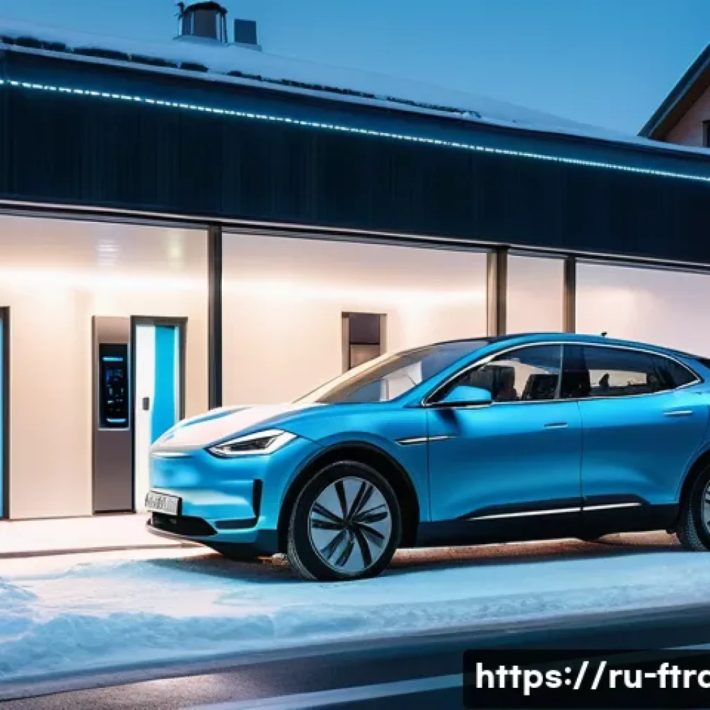 친환경 전기차 - A modern Russian city street scene during winter, featuring a sleek electric car parked under a cove...