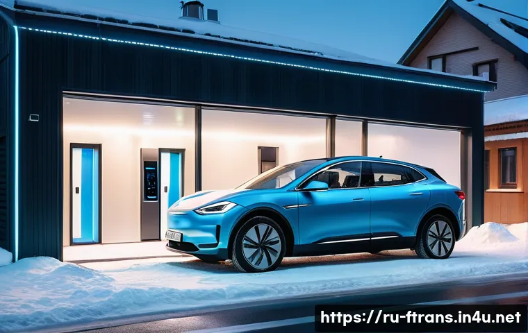 친환경 전기차 - A modern Russian city street scene during winter, featuring a sleek electric car parked under a cove...