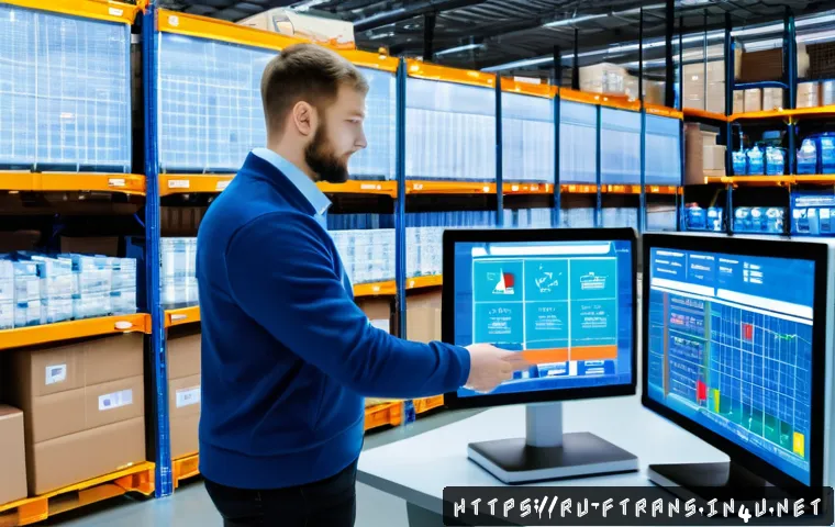 물류 자율화 - A modern Russian warehouse interior featuring advanced automated inventory management systems with l...