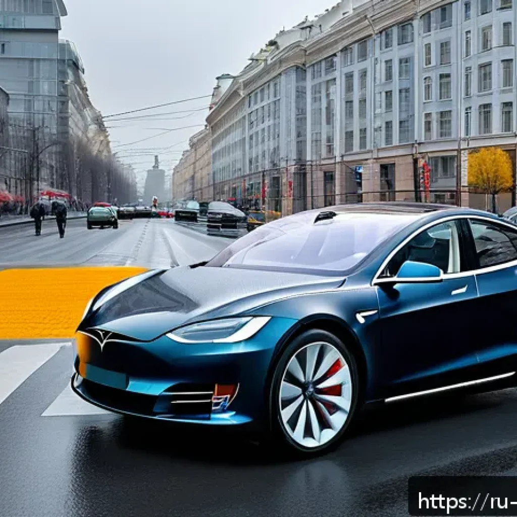 테슬라 자율주행 - A sleek Tesla electric car navigating autonomously through a busy Moscow city street, featuring adva...