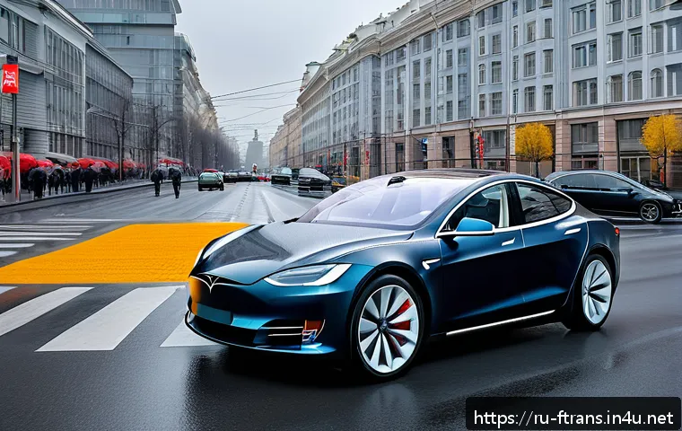 테슬라 자율주행 - A sleek Tesla electric car navigating autonomously through a busy Moscow city street, featuring adva...