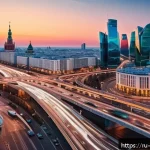 Home 22 5G 스마트 교통 - A futuristic Moscow cityscape at dusk featuring a busy intersection with smart traffic lights dynami...