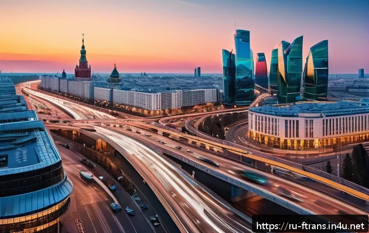5G 스마트 교통 - A futuristic Moscow cityscape at dusk featuring a busy intersection with smart traffic lights dynami...