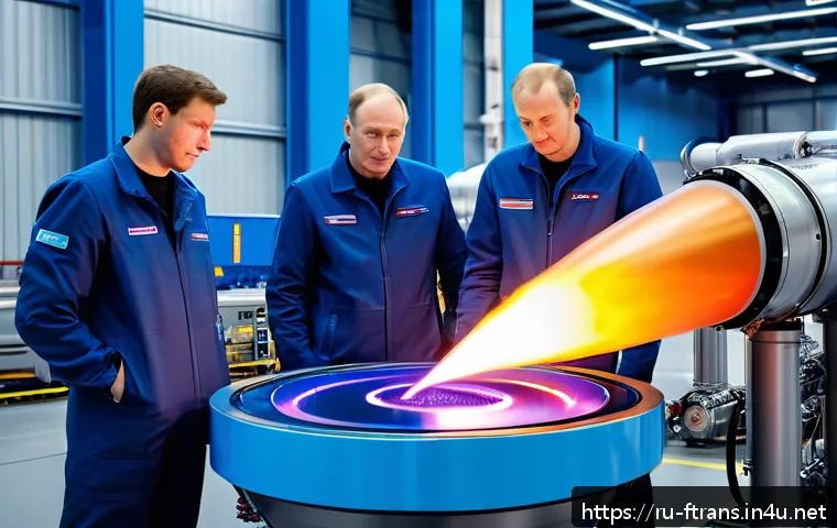 우주 탐사 및 운송 - A futuristic Russian rocket engine test scene, showcasing a compact and powerful oxygen-hydrogen pro...