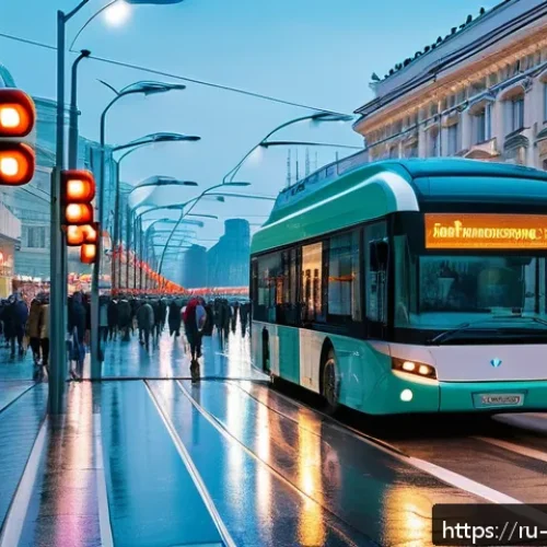 Home 31 지속 가능한 도시 교통 - A busy Moscow city street scene featuring smart traffic lights with digital sensors and cameras moun...