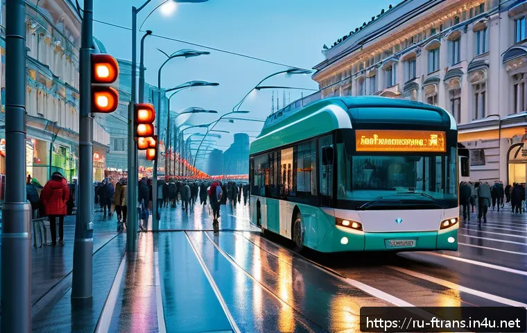 지속 가능한 도시 교통 - A busy Moscow city street scene featuring smart traffic lights with digital sensors and cameras moun...