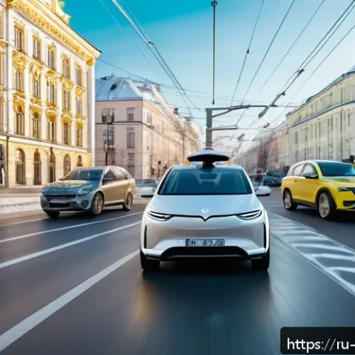 Home 30 자율주행차 상용화 - A bustling Russian city street scene during daytime, featuring a modern autonomous electric car navi...