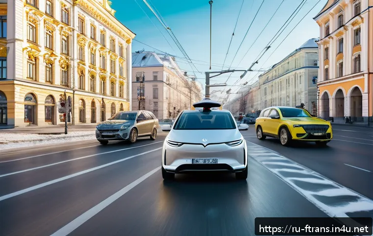 자율주행차 상용화 - A bustling Russian city street scene during daytime, featuring a modern autonomous electric car navi...