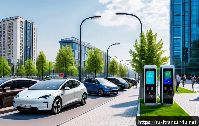 미래 운송의 사회적 영향 - A futuristic Russian city street scene featuring a variety of electric vehicles, including electric ...