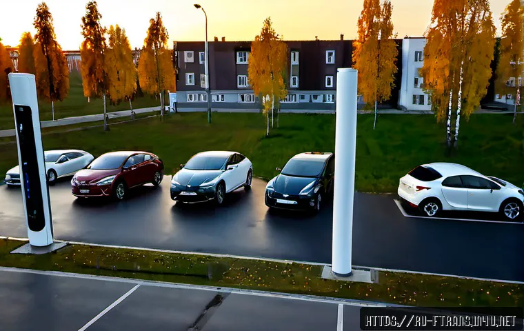 전기차 시장 전망 - Photorealistic wide-angle view of a modern electric vehicle charging station on the outskirts of a R...