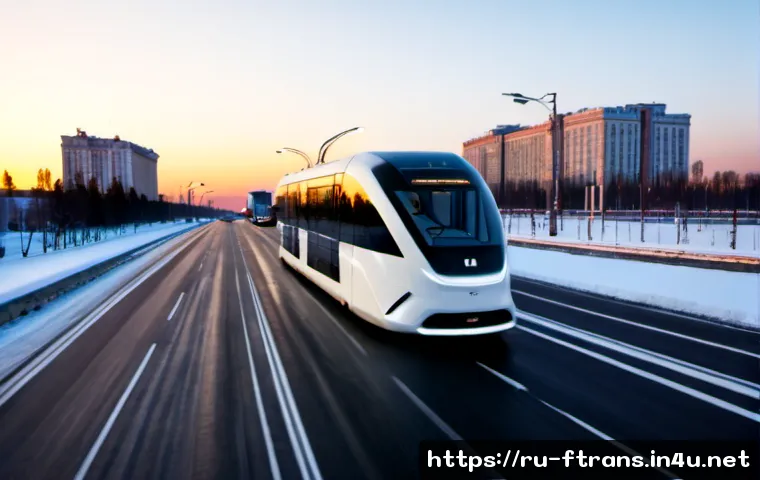 Home 30 5G 차세대 교통 - Photorealistic futuristic Moscow city boulevard at sunrise, a sleek autonomous electric shuttle and ...