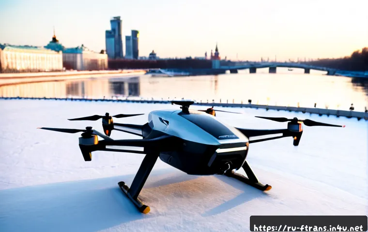 Home 17 전기 드론 택시 - Photorealistic electric drone taxi hovering above a modern Moscow riverside landing pad at sunrise, ...