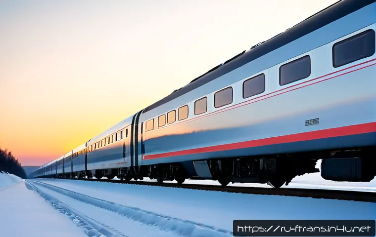 Home 17 고속철도 효율성 - Photorealistic modern high-speed train gliding across a snowy Russian landscape at sunrise, viewed f...