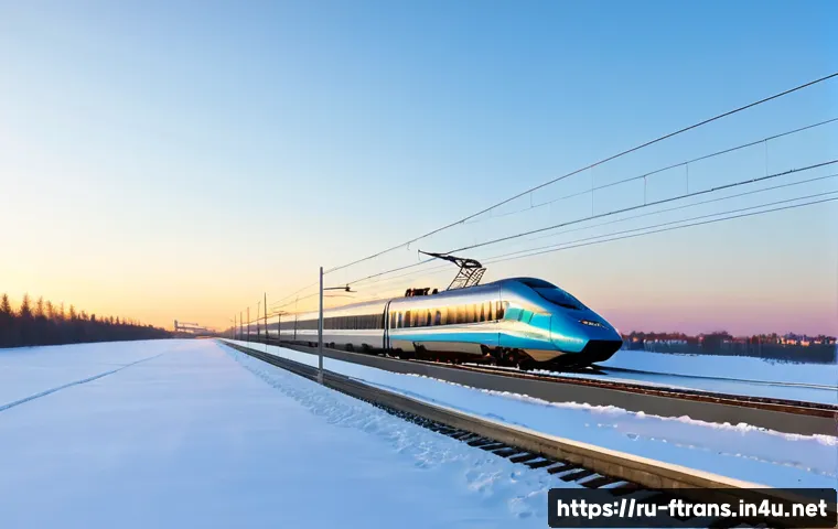 Home 17 고속철도 정책 - Photorealistic modern high-speed train gliding through a snowy Russian landscape near a major city, ...
