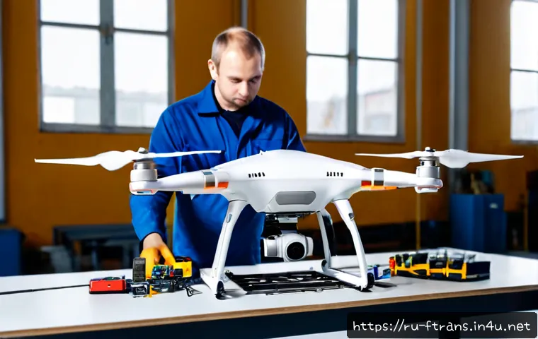 전기 드론 제조사 - Photorealistic electric drone manufacturing facility in Russia, a skilled engineer in protective wor...