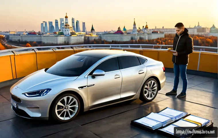 하늘을 나는 자동차 비용 - Photorealistic modern flying car parked on a rooftop landing pad above a Moscow-inspired city skylin...